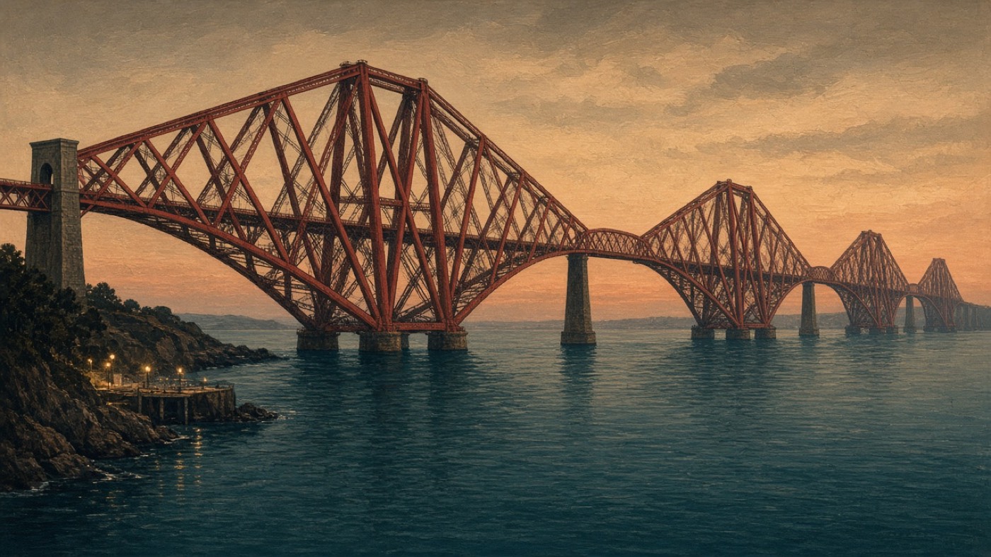 The red Forth Bridge at dusk